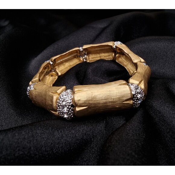 Rare Find KJL Gold Tone Bamboo Style Bracelet W/ Rhinestone Accents - Picture 2 of 6